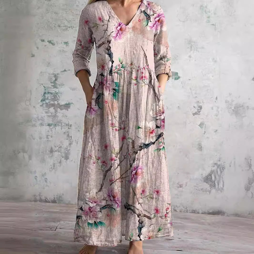 Abito lungo estivo da donna con scollo a V floreale - Abito lungo in stile boho