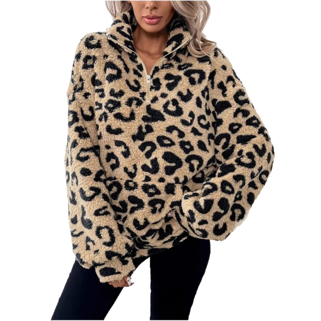 Maglione in pile da donna con stampa leopardata