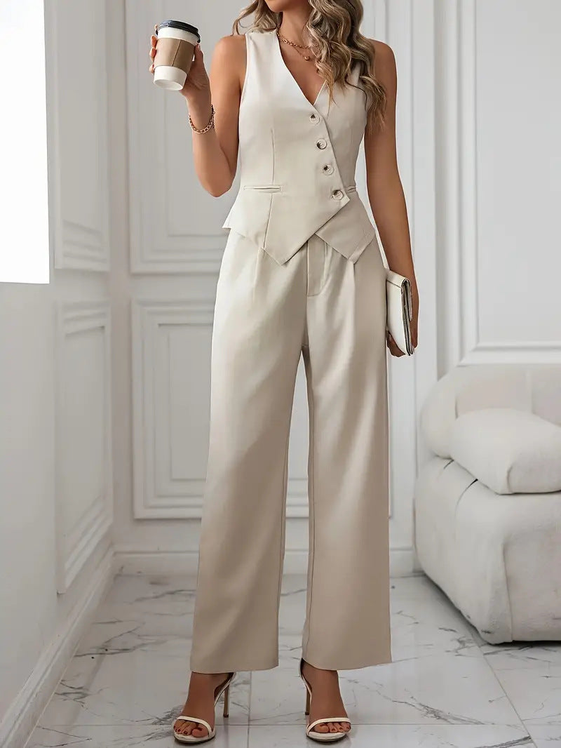 Donna Premium Formale Off-White Gilet Pantaloni Impostato - Elegante, alla moda