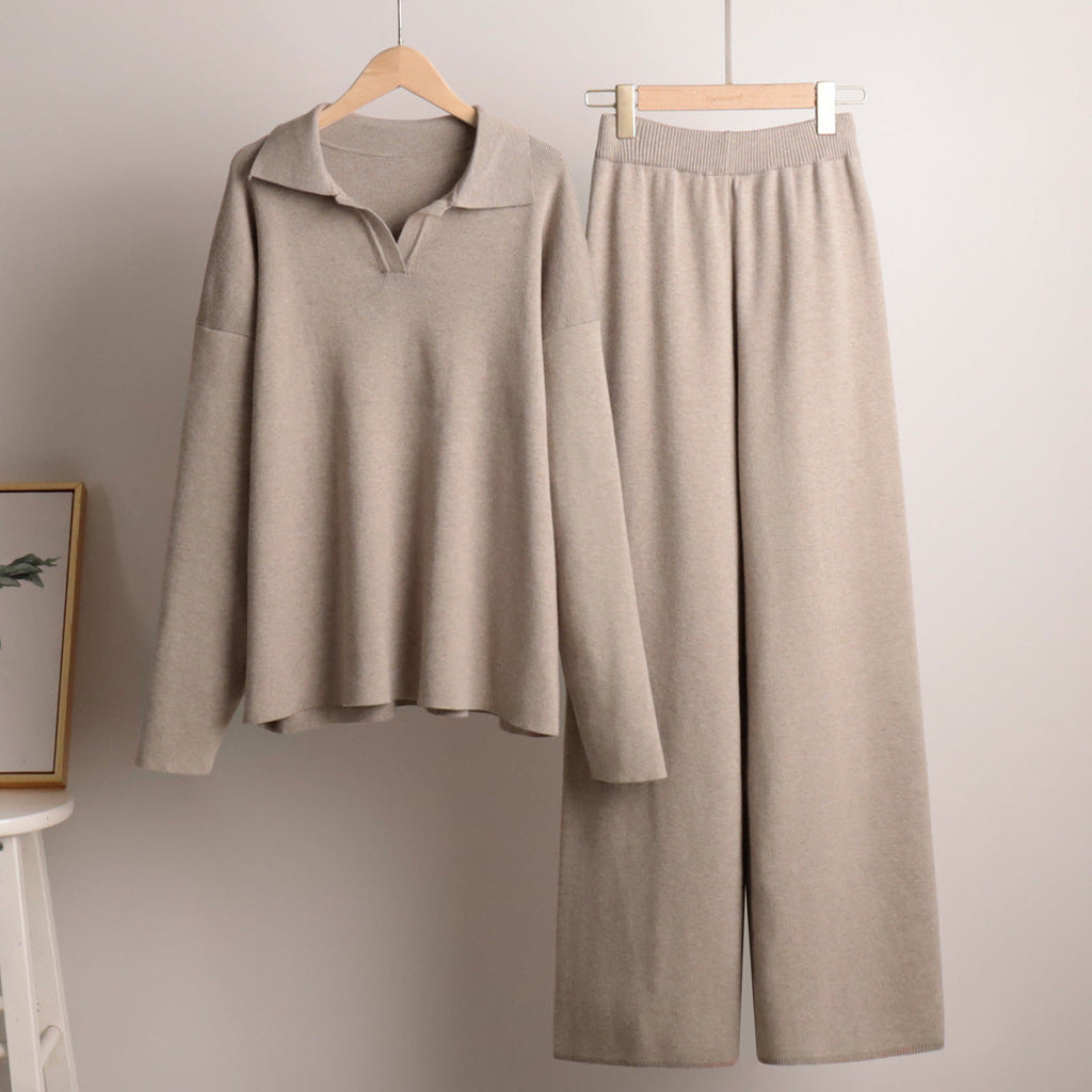 Completo da casa da donna – Set coordinato in maglia con maglione oversize, colletto e pantaloni a gamba larga