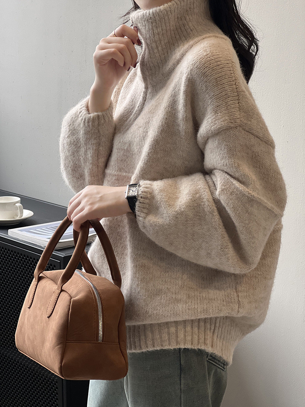 Women's soft half-zip high-neck sweater – Casual and warm