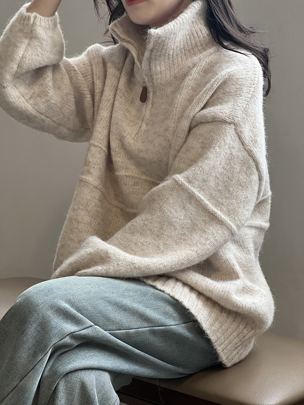 Women's soft half-zip high-neck sweater – Casual and warm