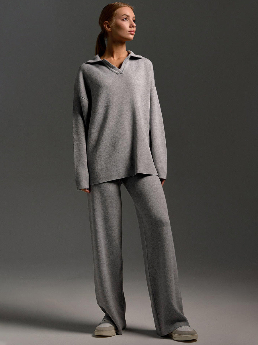 Completo da casa da donna – Set coordinato in maglia con maglione oversize, colletto e pantaloni a gamba larga