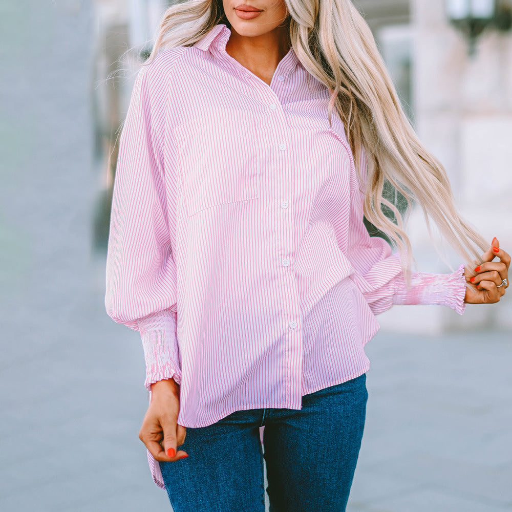 Camicia oversize a righe da donna – Abbottonata a maniche lunghe casual