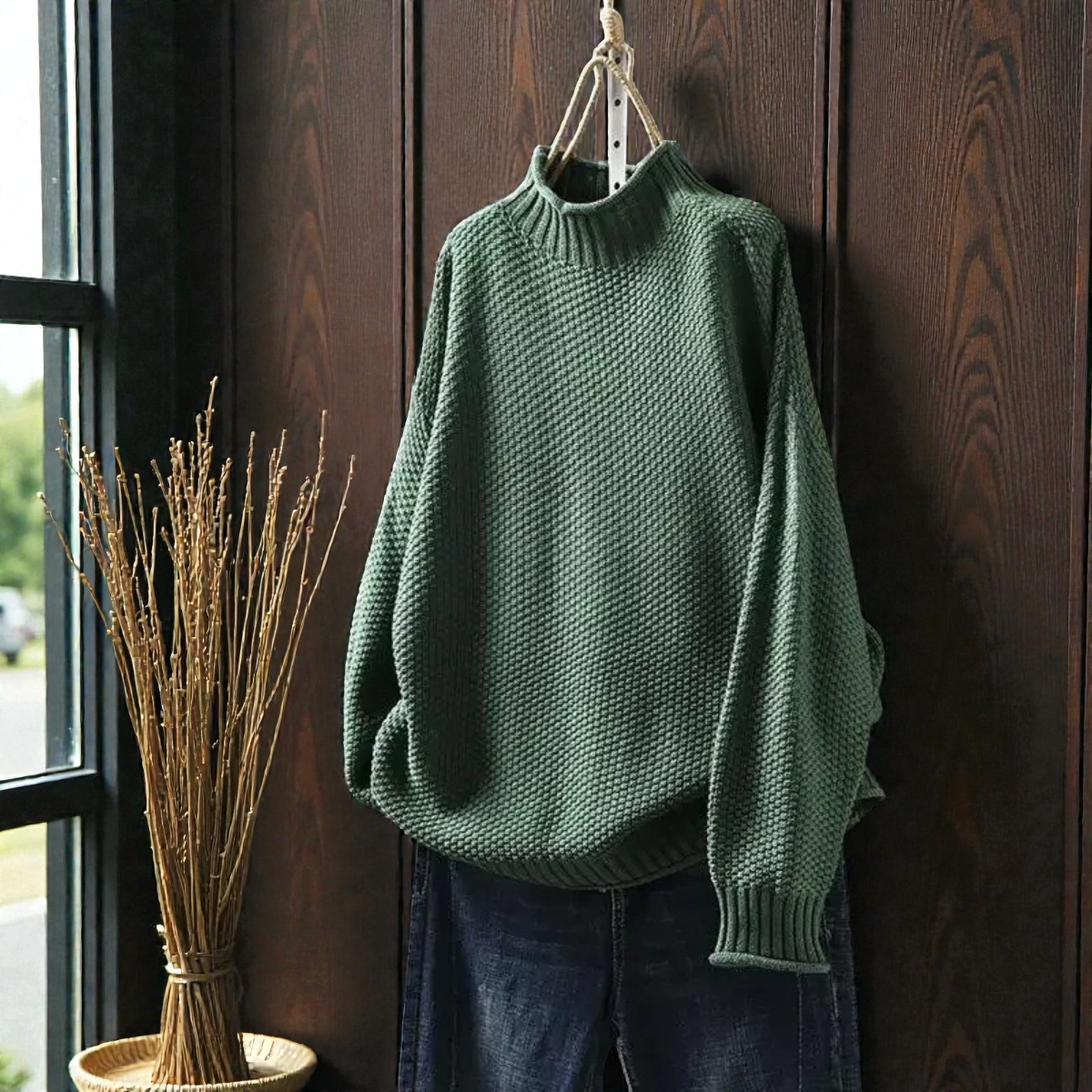Elegante maglione a collo alto a coste da donna – Maglia spessa con maniche lunghe
