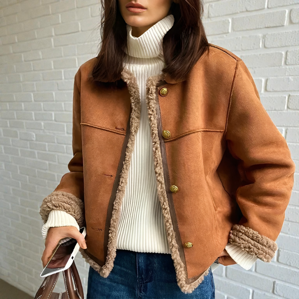Giacca invernale da donna premium foderata in pile – Cappotto marrone spesso con collo rotondo