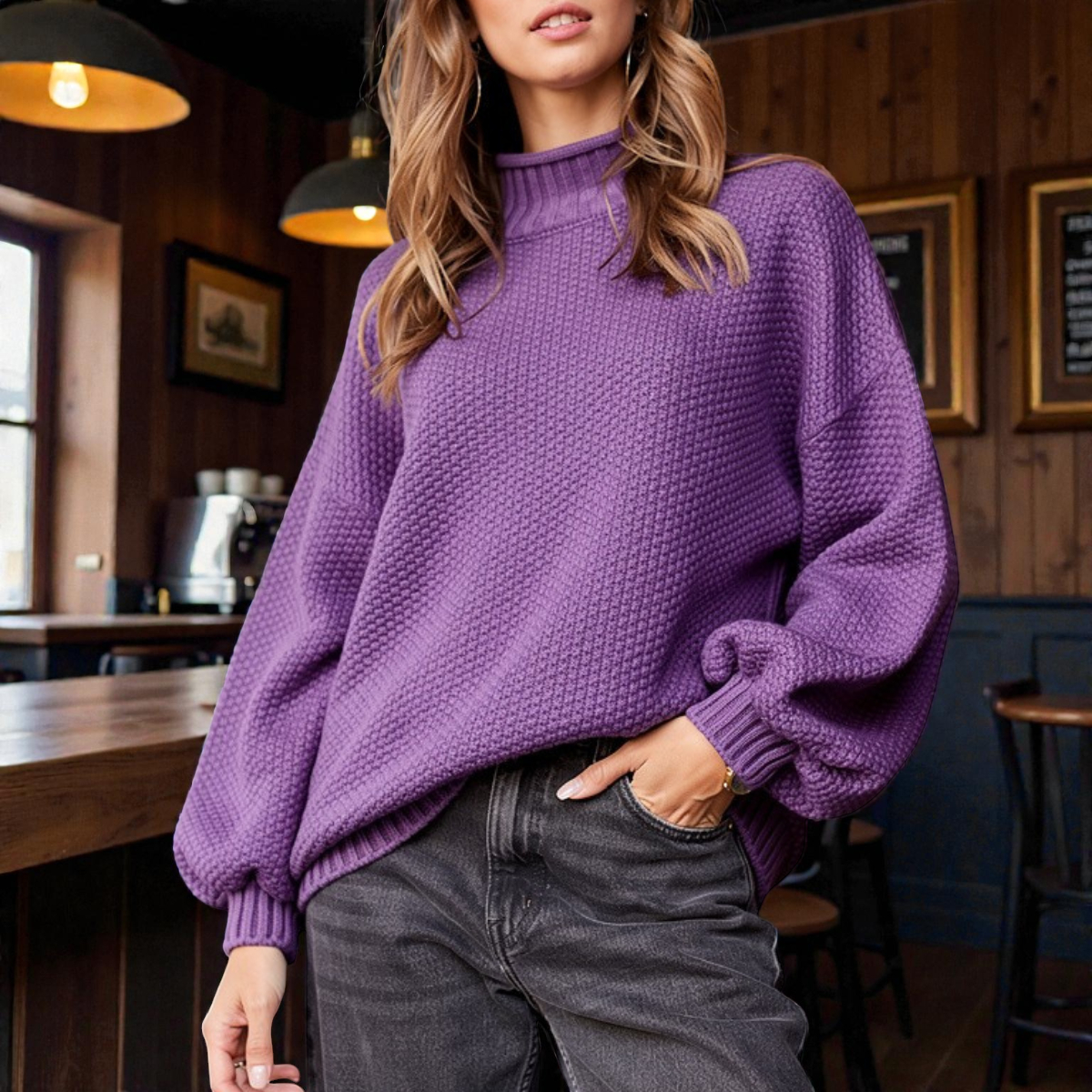Elegante maglione a collo alto a coste da donna – Maglia spessa con maniche lunghe