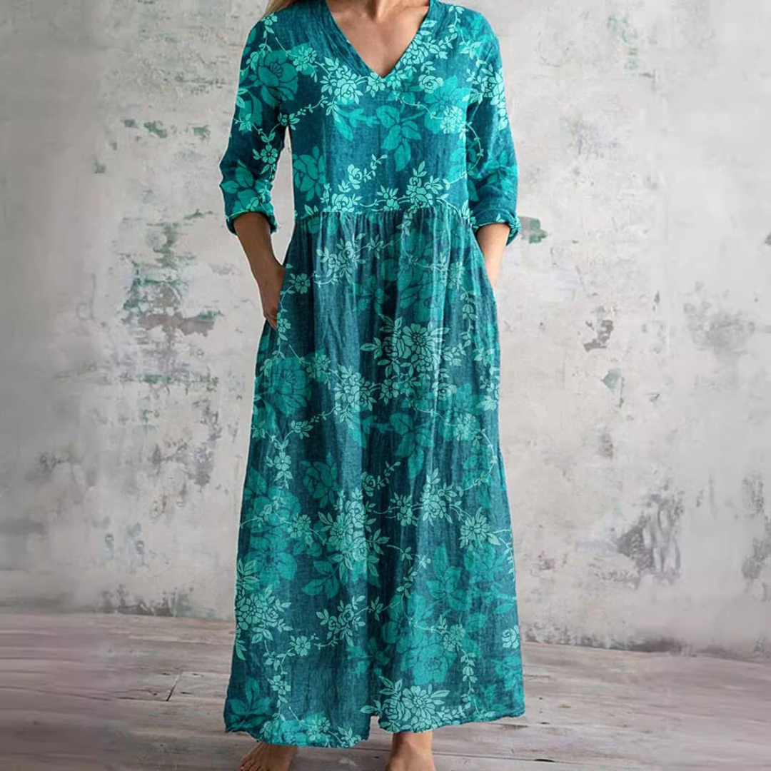 Abito lungo estivo da donna con scollo a V floreale - Abito lungo in stile boho