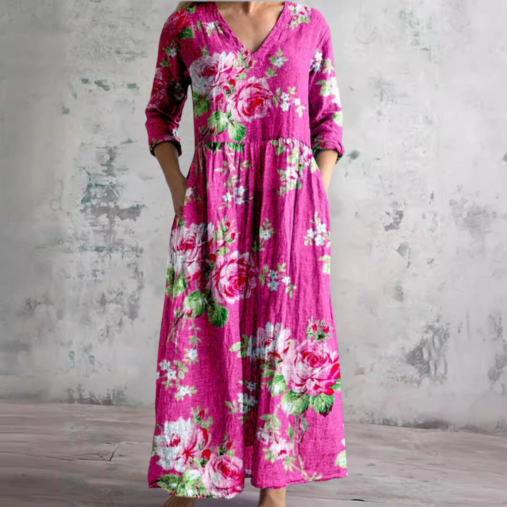 Abito lungo estivo da donna con scollo a V floreale - Abito lungo in stile boho