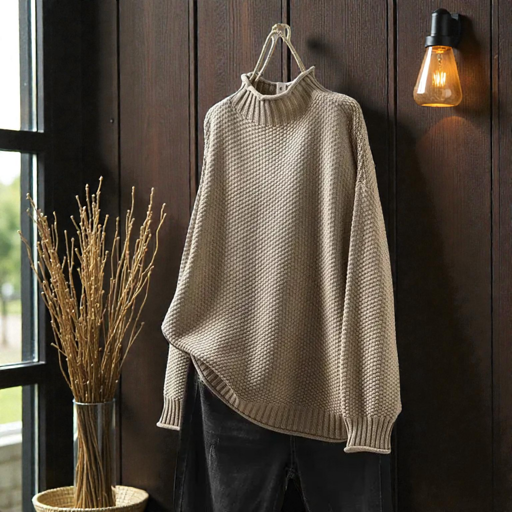 Elegante maglione a collo alto a coste da donna – Maglia spessa con maniche lunghe