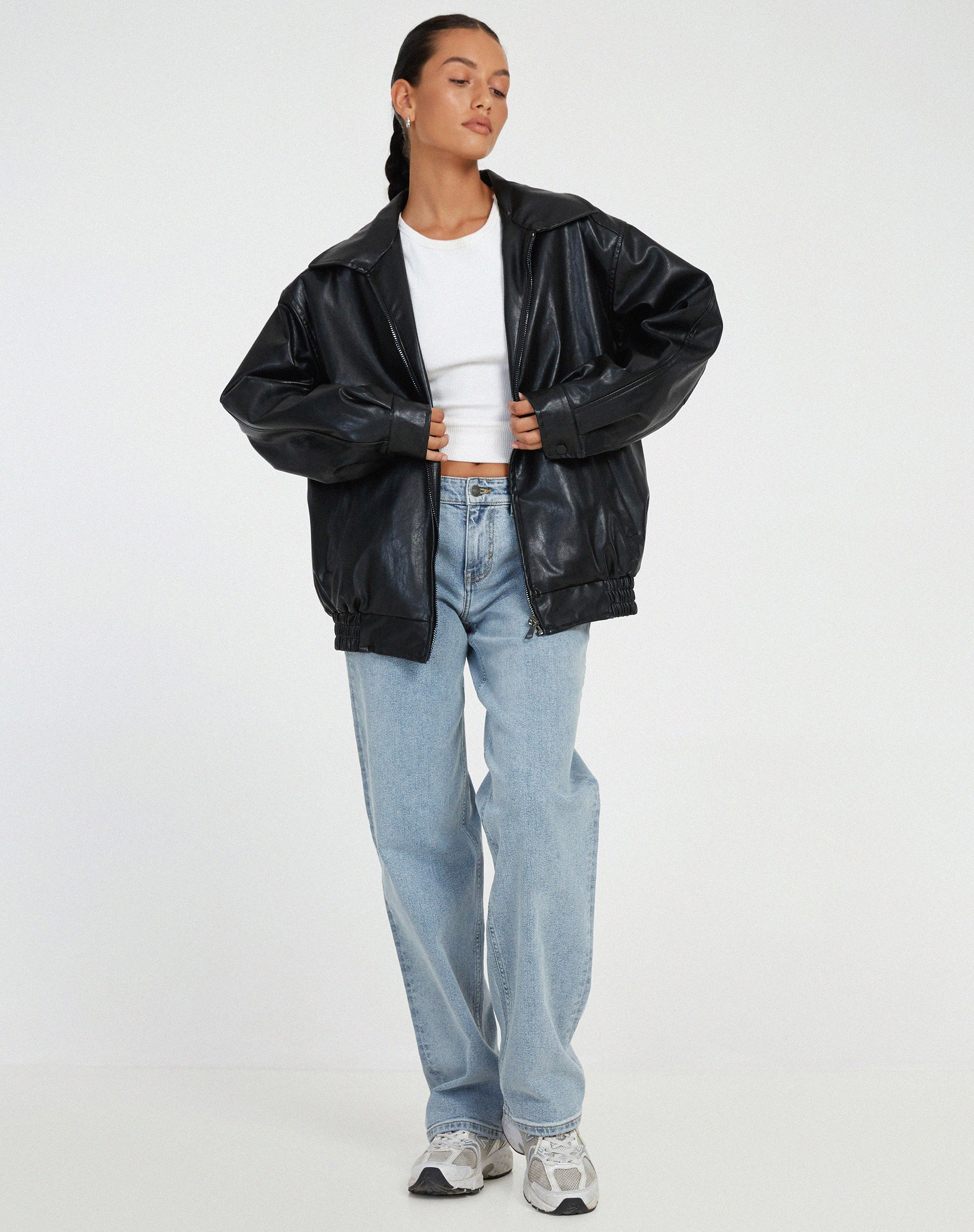 Giacca donna elegante con zip oversize in ecopelle