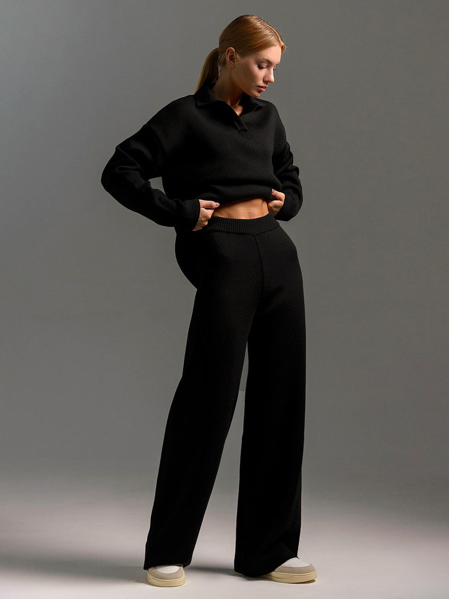 Completo da casa da donna – Set coordinato in maglia con maglione oversize, colletto e pantaloni a gamba larga