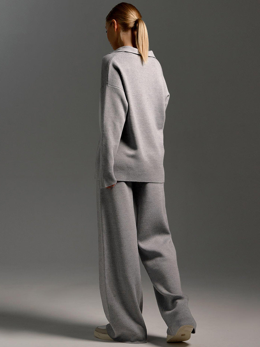 Completo da casa da donna – Set coordinato in maglia con maglione oversize, colletto e pantaloni a gamba larga