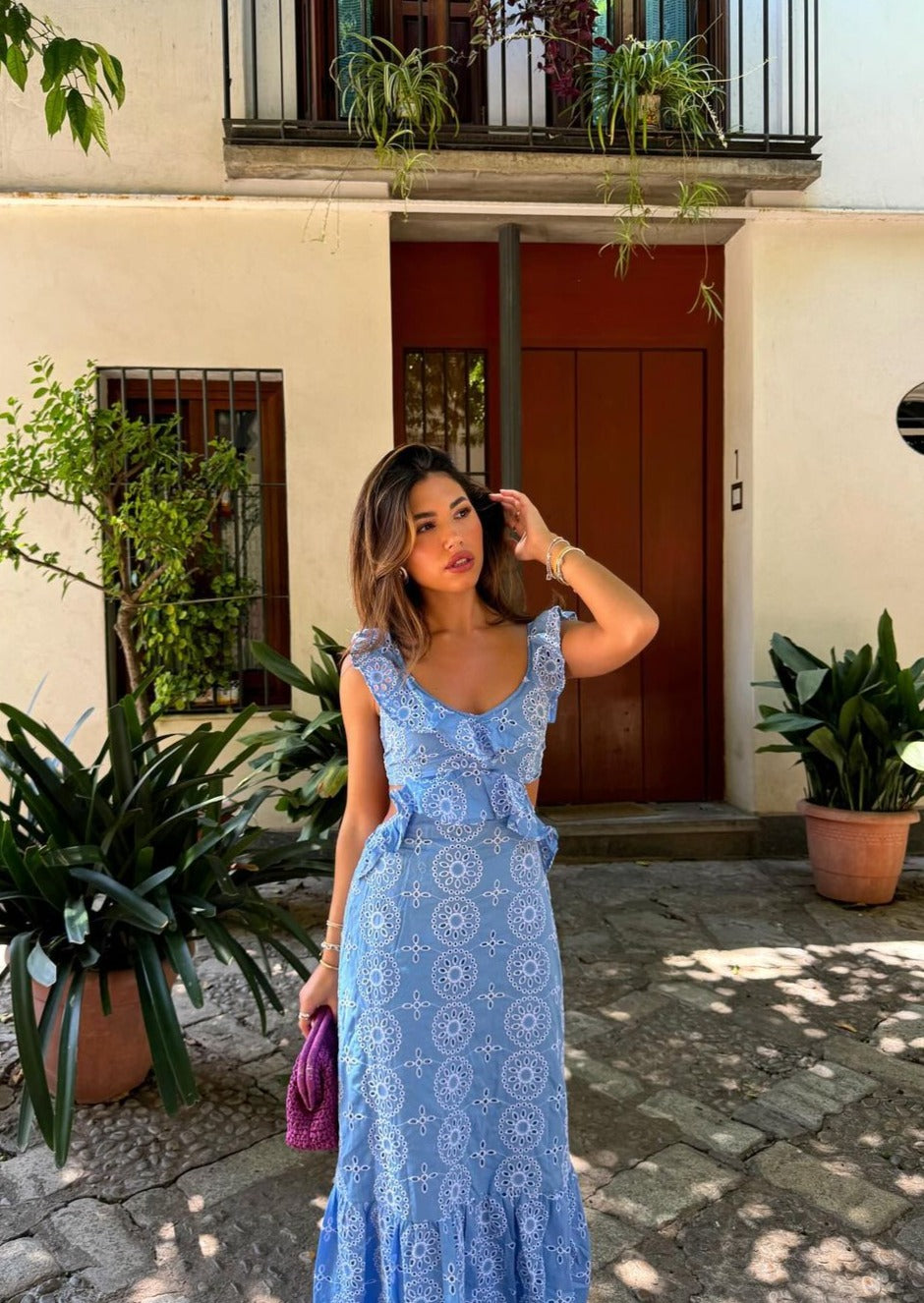 Abito maxi ricamato da donna con schiena scoperta – Elegante ed estivo