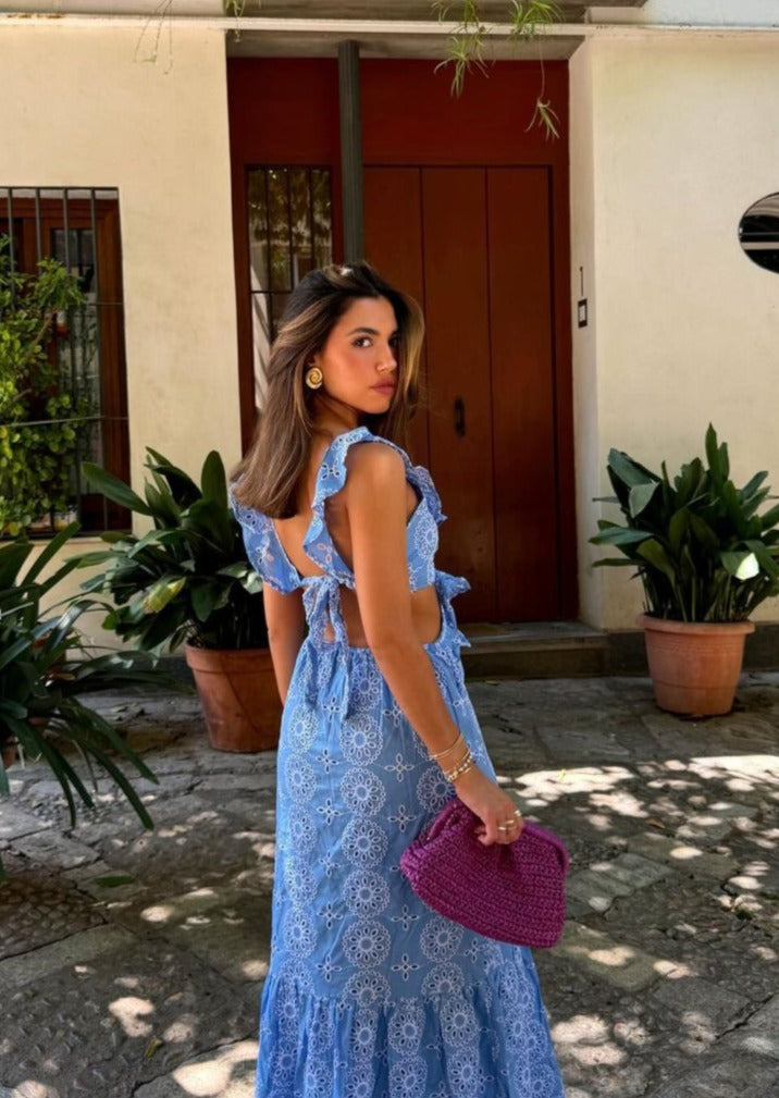 Abito maxi ricamato da donna con schiena scoperta – Elegante ed estivo