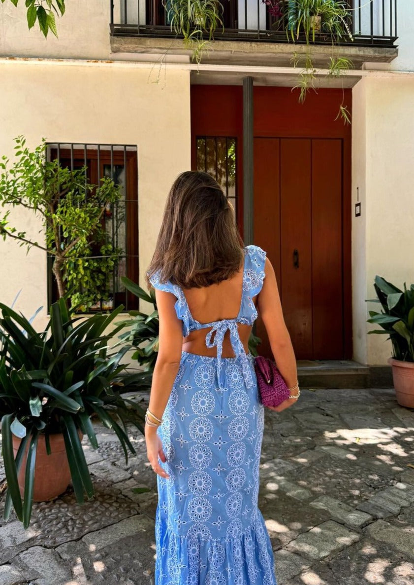 Abito maxi ricamato da donna con schiena scoperta – Elegante ed estivo