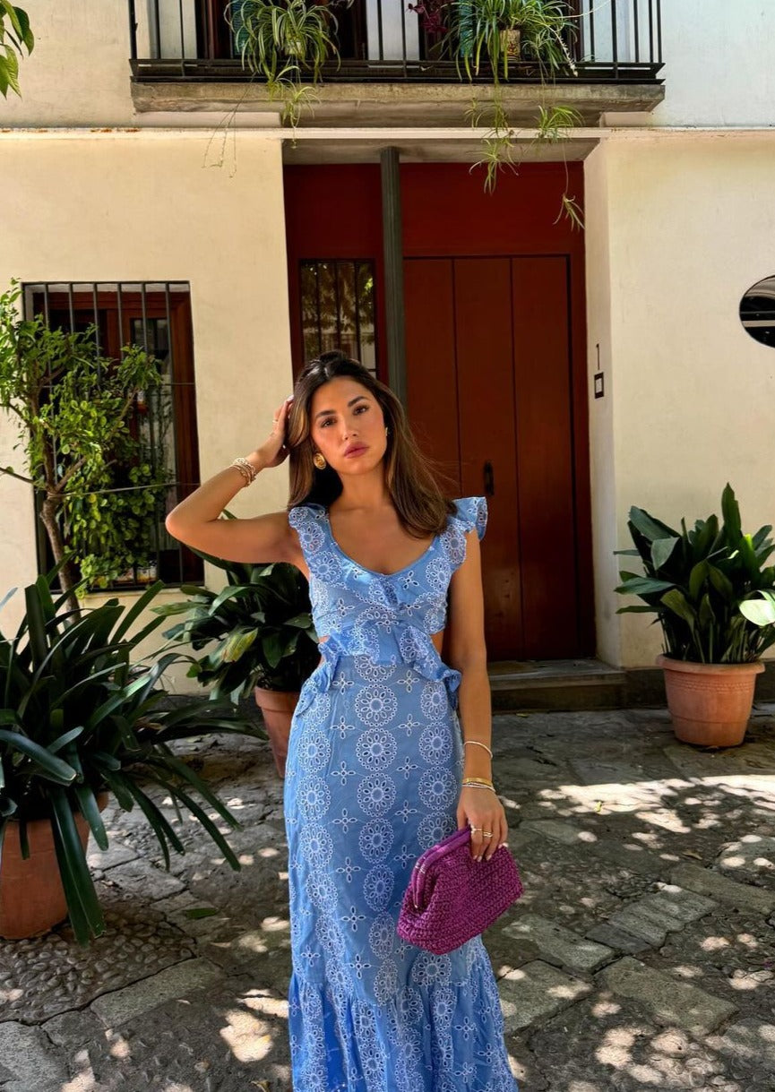 Abito maxi ricamato da donna con schiena scoperta – Elegante ed estivo