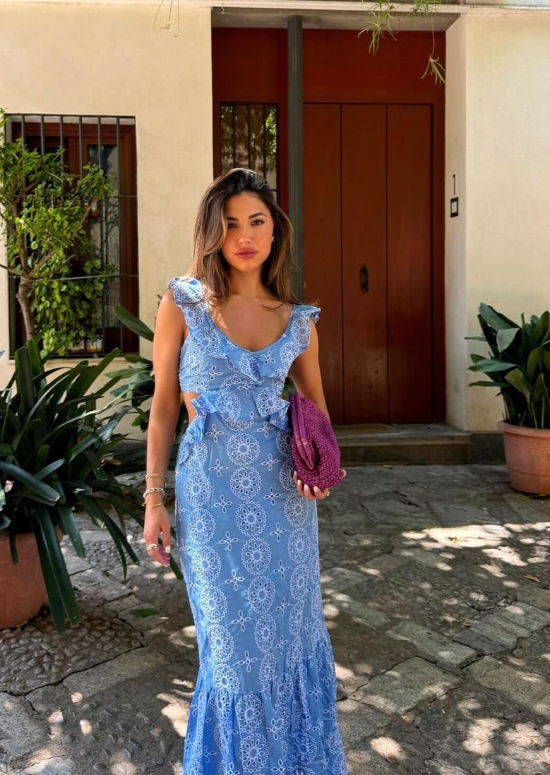 Abito maxi ricamato da donna con schiena scoperta – Elegante ed estivo