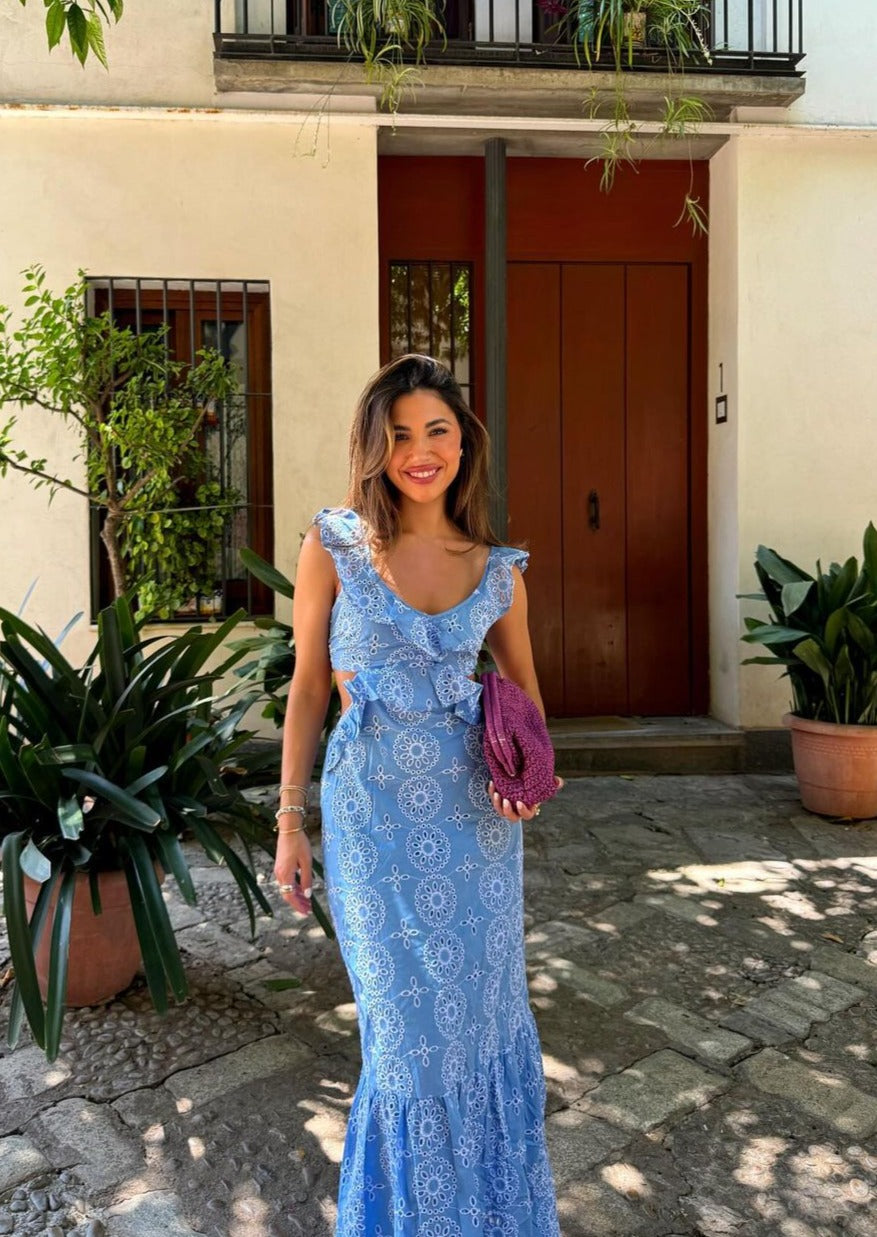 Abito maxi ricamato da donna con schiena scoperta – Elegante ed estivo