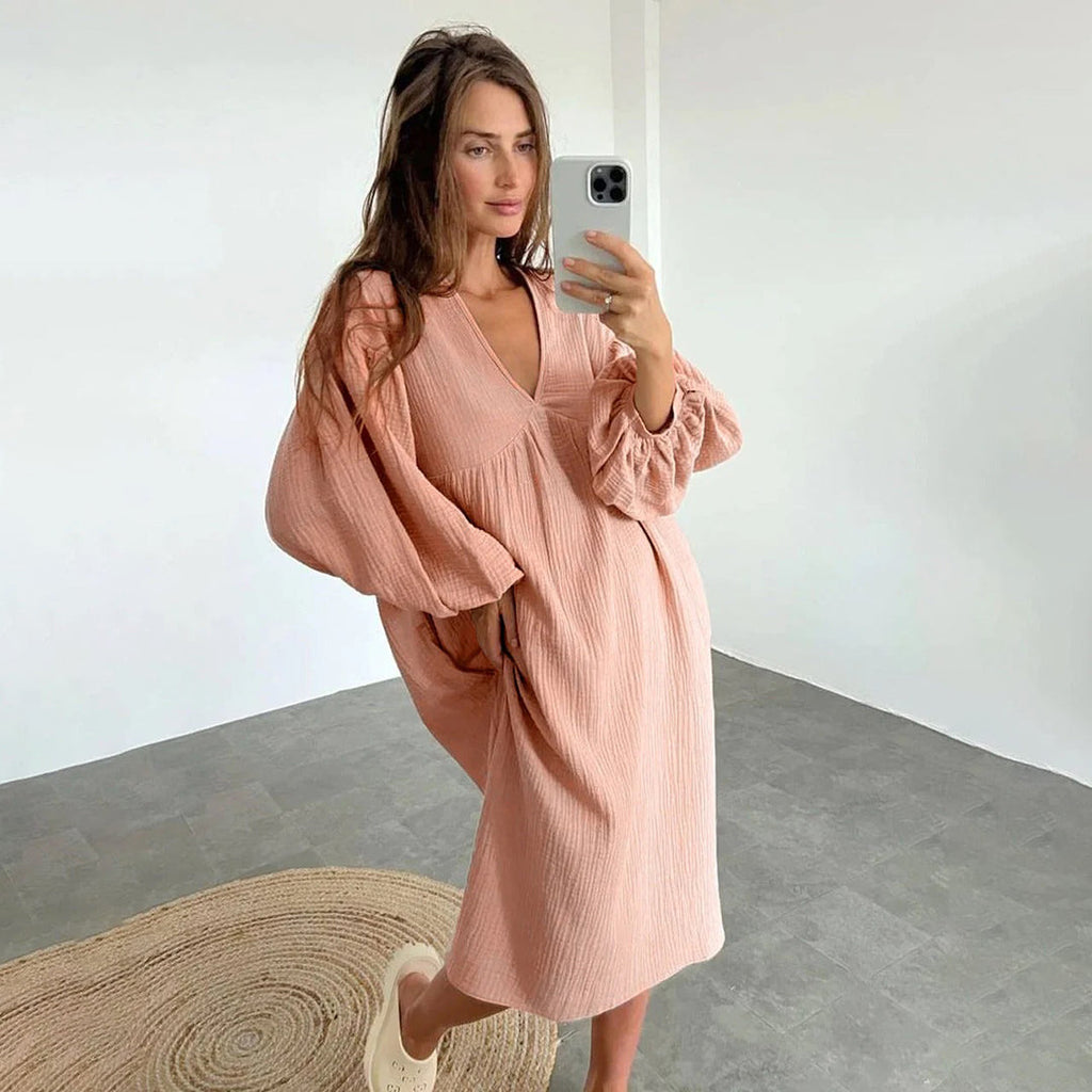 Abito midi casual da donna – Abito ampio con scollo a V