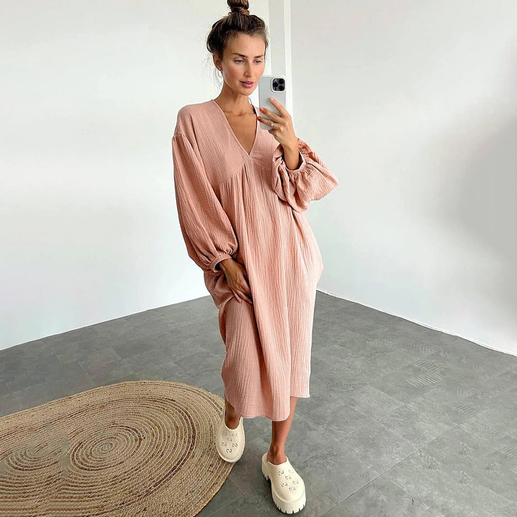 Abito midi casual da donna – Abito ampio con scollo a V