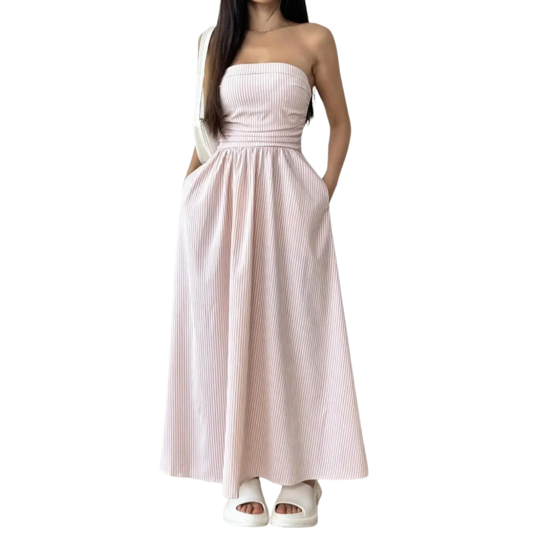 Abito maxi da donna a righe senza spalline con tasche - Leggero ed estivo