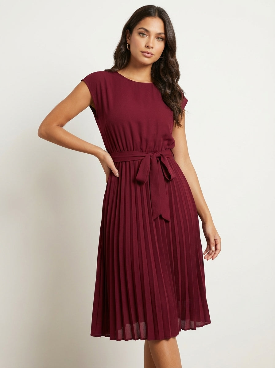 Abito midi plissettato da donna – Con cintura ed elegante