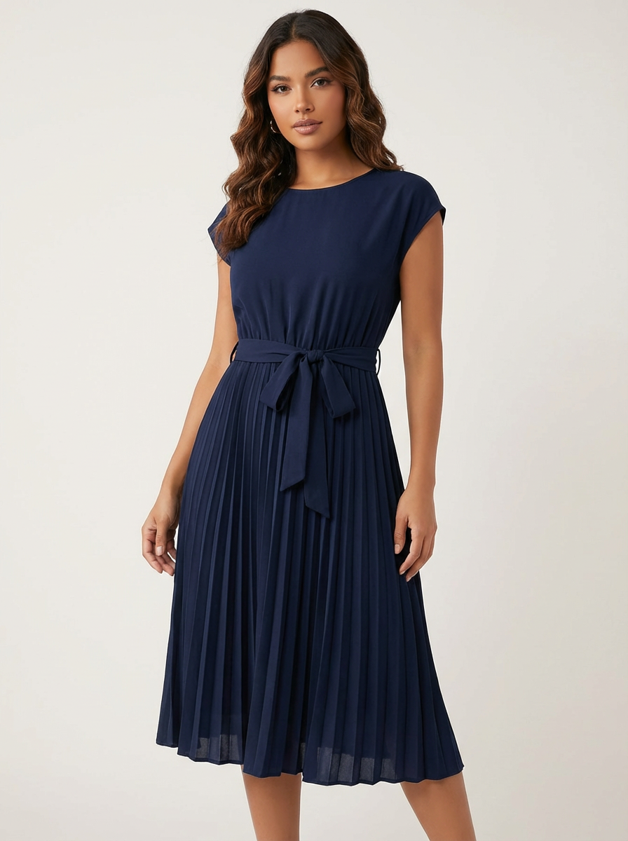 Abito midi plissettato da donna – Con cintura ed elegante