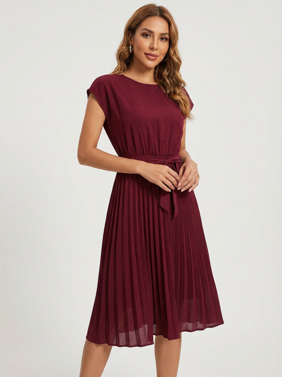 Abito midi plissettato da donna – Con cintura ed elegante