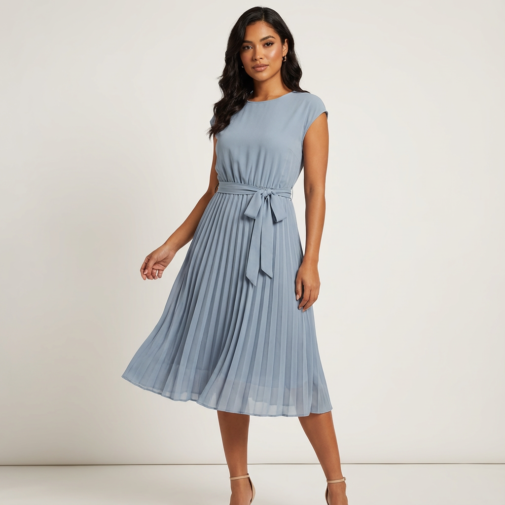 Abito midi plissettato da donna – Con cintura ed elegante