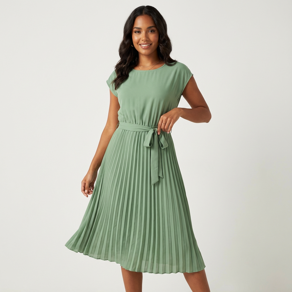 Abito midi plissettato da donna – Con cintura ed elegante