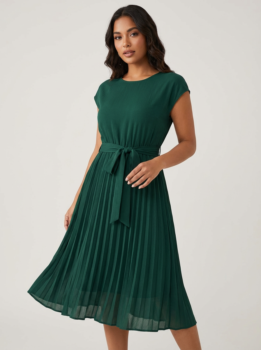 Abito midi plissettato da donna – Con cintura ed elegante