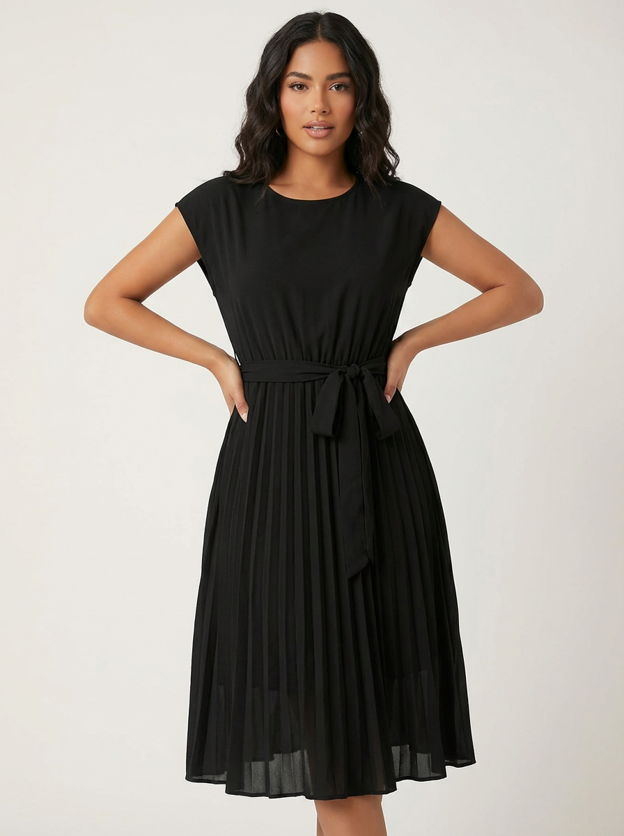 Abito midi plissettato da donna – Con cintura ed elegante