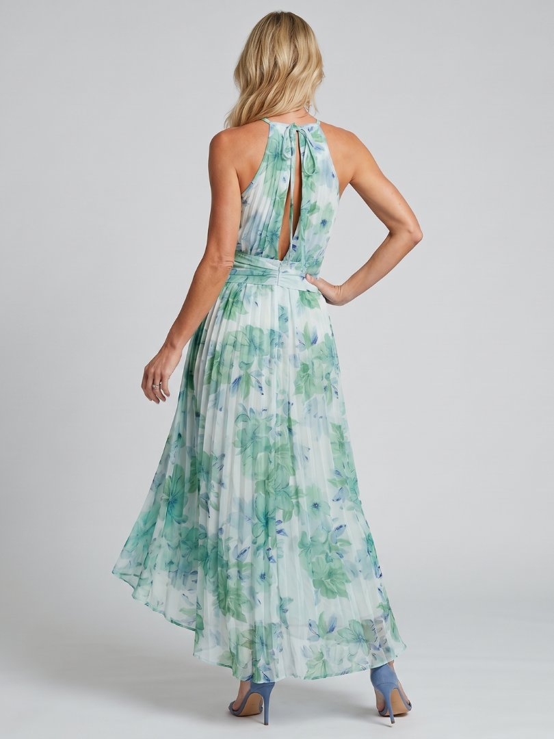 Abito midi floreale plissettato da donna con collo halter - Raffinato e leggero