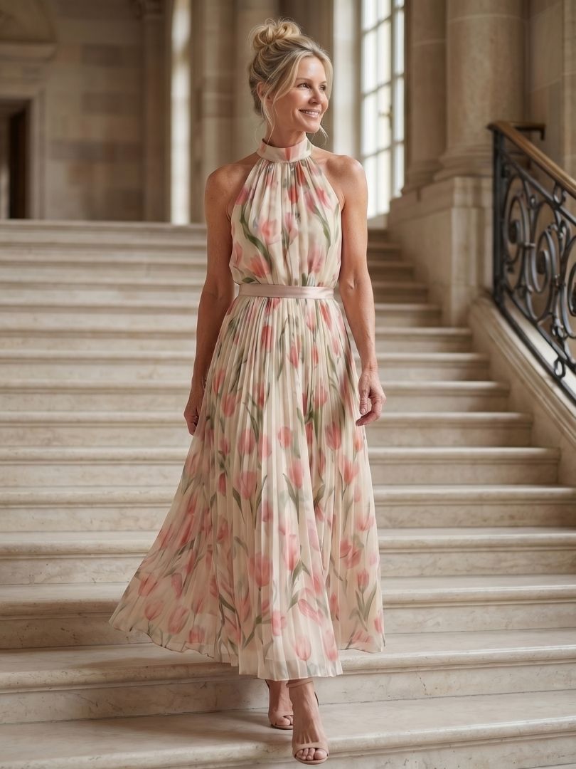 Abito midi floreale da donna con collo halter - Elegante ed estivo