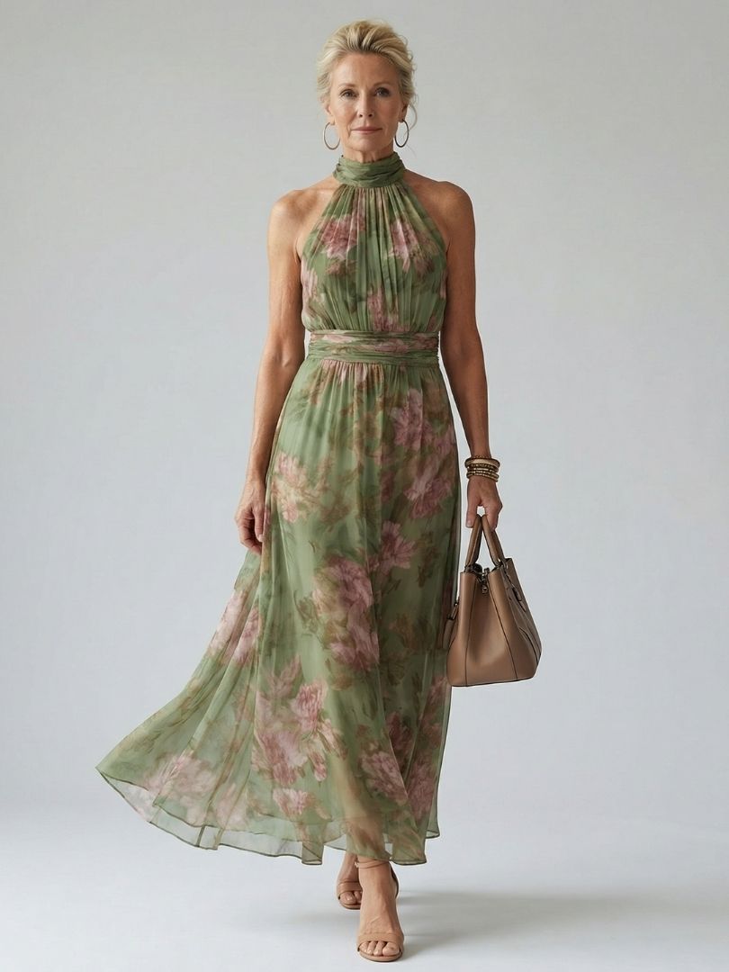 Abito midi arricciato da donna con collo halter - Elegante e femminile
