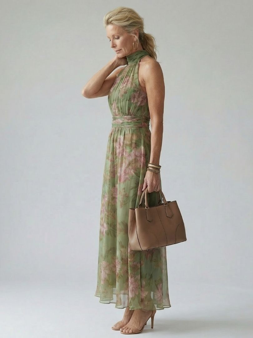 Abito midi arricciato da donna con collo halter - Elegante e femminile