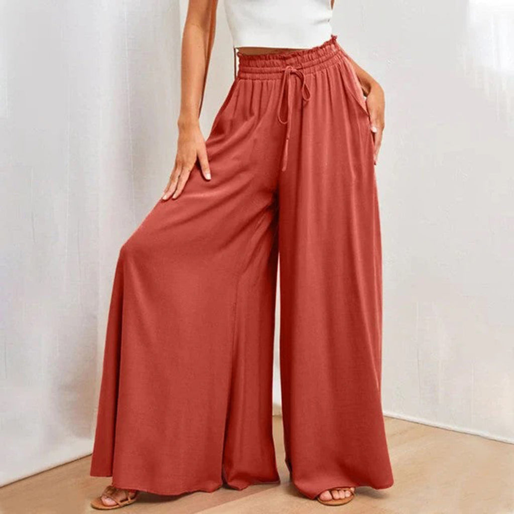 Pantaloni palazzo a vita alta e gamba larga da donna – Comodi pantaloni con coulisse