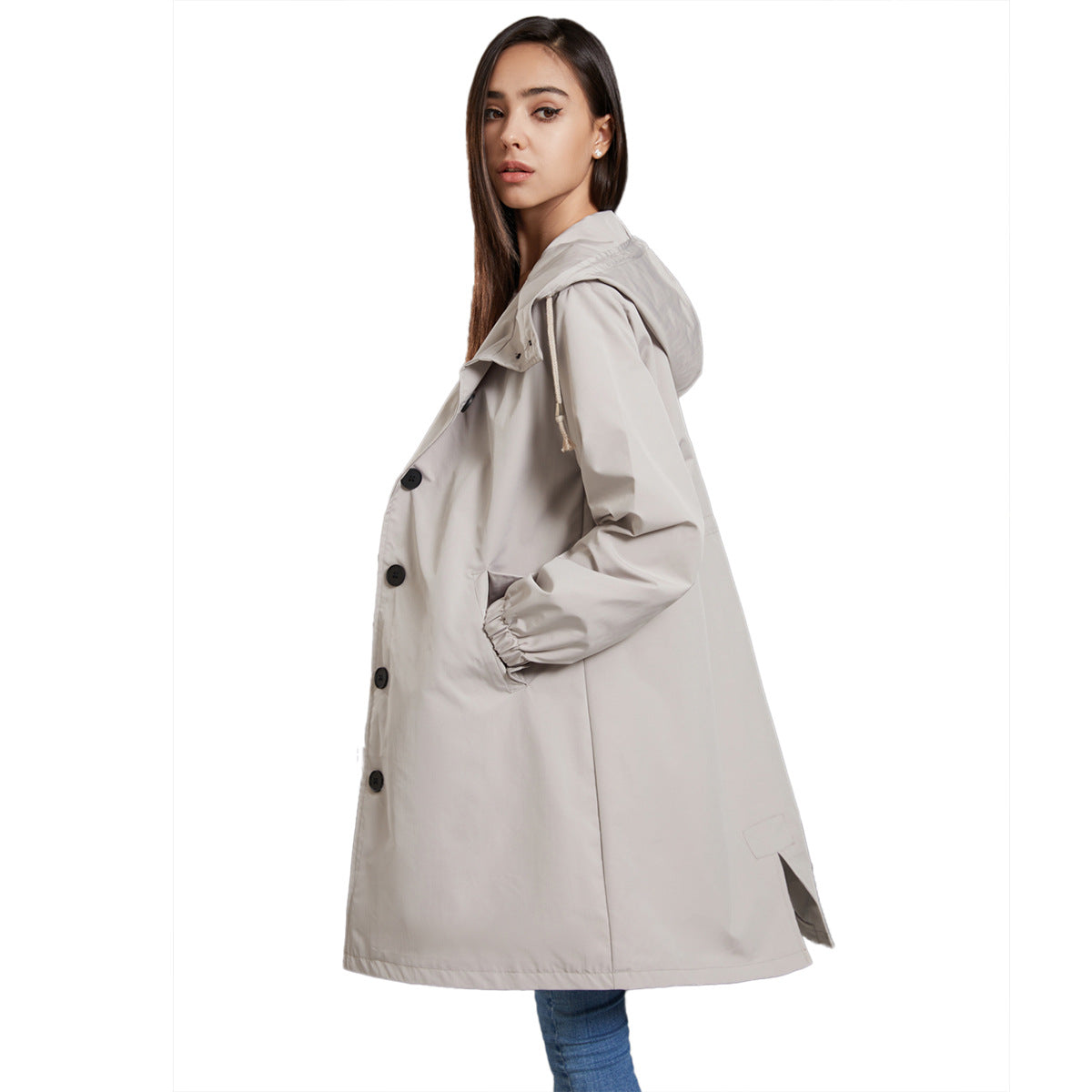 Cappotto lungo da donna con bottoni e cappuccio