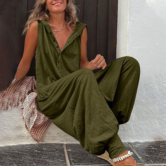 Tuta con cappuccio da donna a gamba larga – Salopette casual in cotone e lino