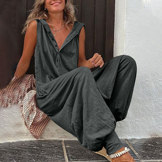 Tuta con cappuccio da donna a gamba larga – Salopette casual in cotone e lino