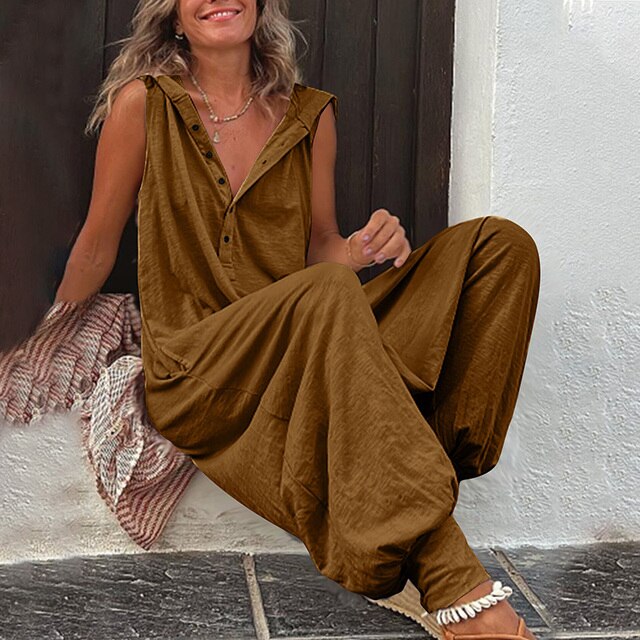 Tuta con cappuccio da donna a gamba larga – Salopette casual in cotone e lino