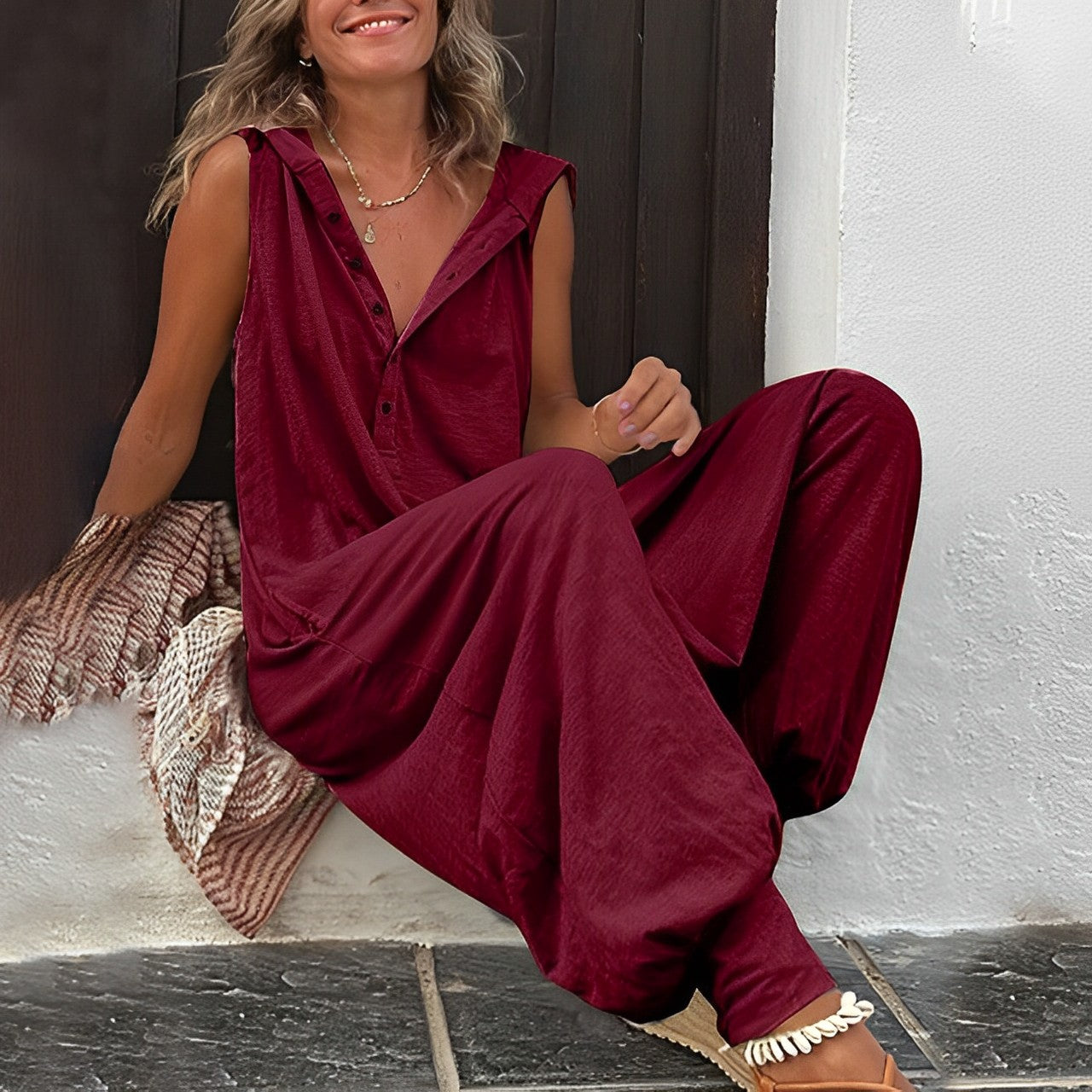 Tuta con cappuccio da donna a gamba larga – Salopette casual in cotone e lino