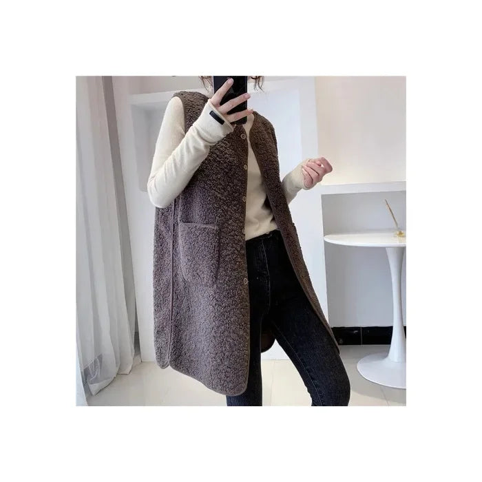 Elegante gilet lungo in misto lana da donna – Giacca senza maniche minimalista e calda