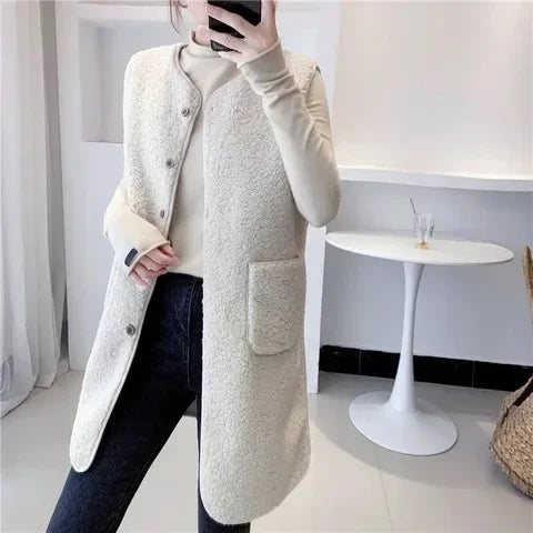 Elegante gilet lungo in misto lana da donna – Giacca senza maniche minimalista e calda