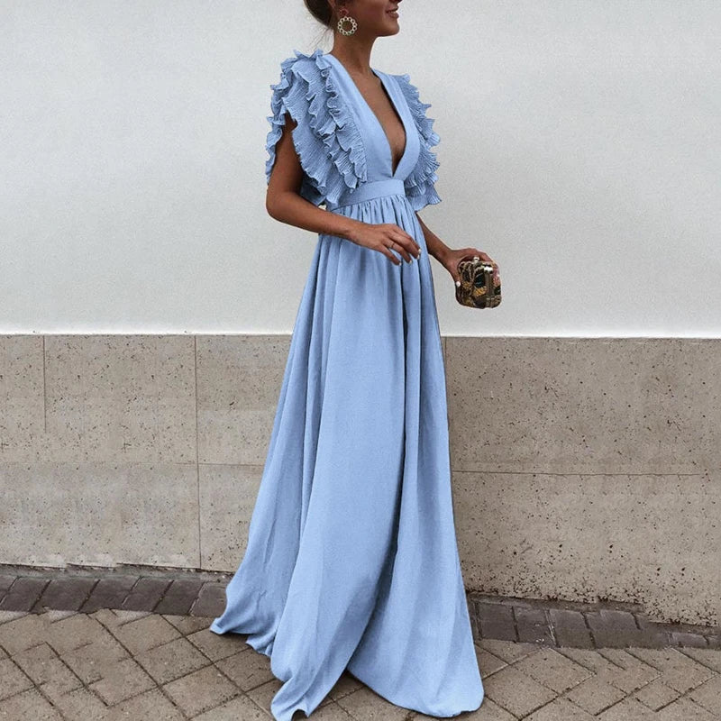 Abito lungo fluido da donna – Eleganti maniche a balze con profondo scollo a V