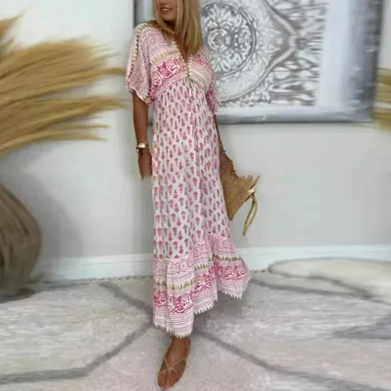 Abito lungo donna bohémien stampato – Vestito maxi scollo a V maniche corte stile boho chic estivo