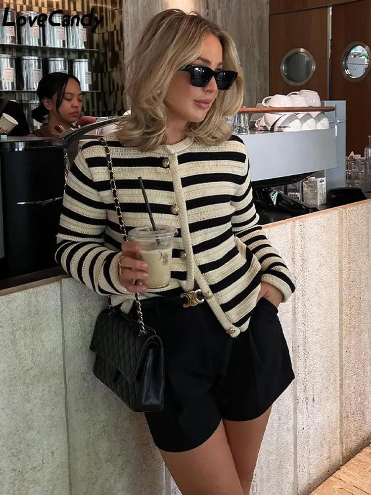 Cardigan a righe color block da donna – Maglieria casual con bottoni