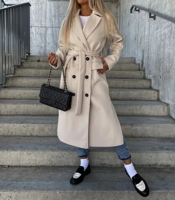 Cappotto lungo doppiopetto elegante e caldo da donna con cintura | Look classico ideale per autunno/inverno