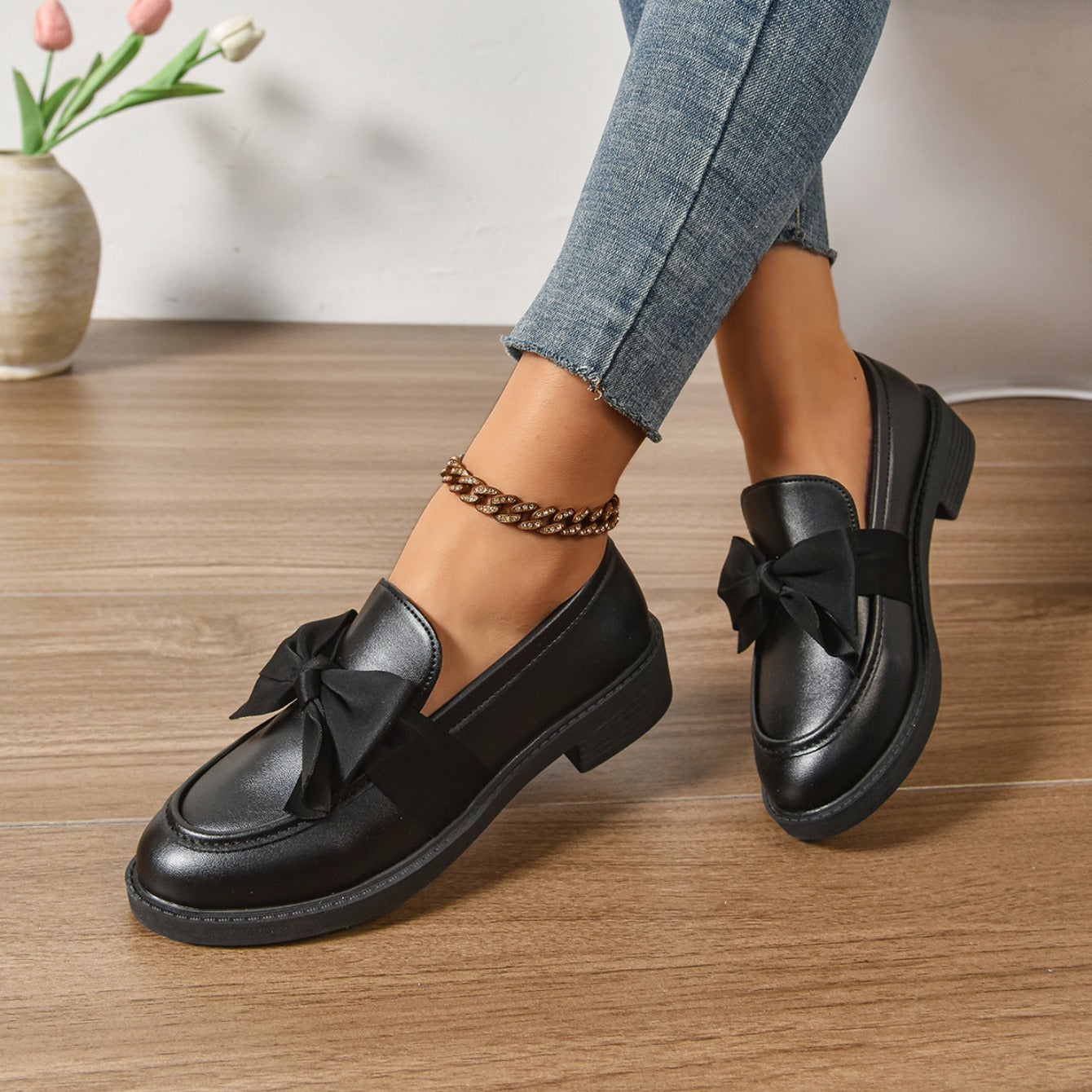 Mocassini in Pelle Slip-On – Scarpe Eleganti con Fiocco e Suola Platform